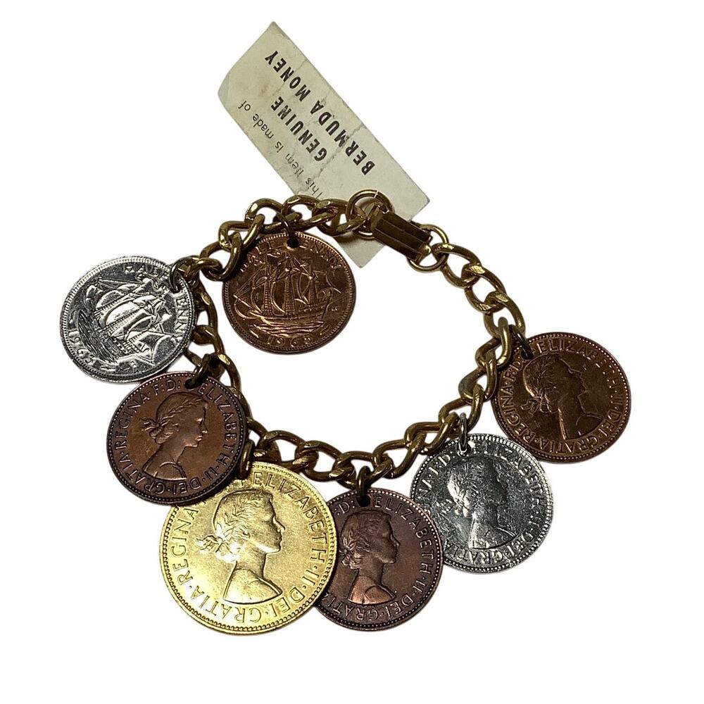 Vintage Genuine Bermuda Money Coin Queen Elizabeth II Charm Bracelet E3-36